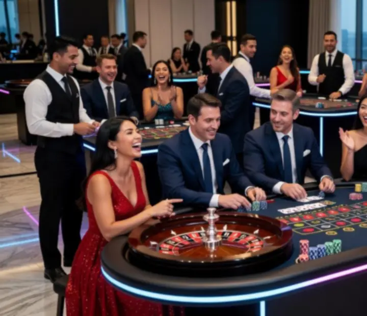 Goście podczas eleganckiego eventu firmowego przy stołach do gier