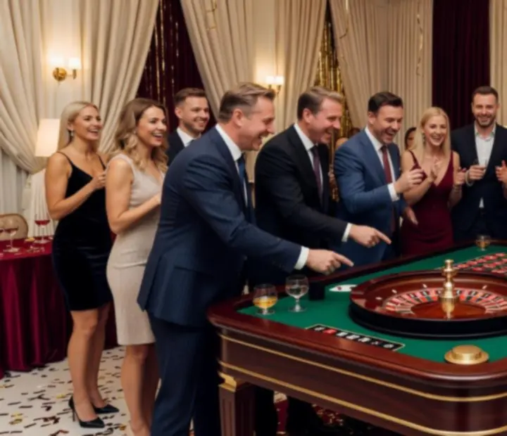 Goście bawiący się przy mobilnym stole ruletkowym na evencie firmowym