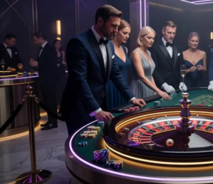 Stół do ruletki otoczony gośćmi podczas eleganckiego wieczoru